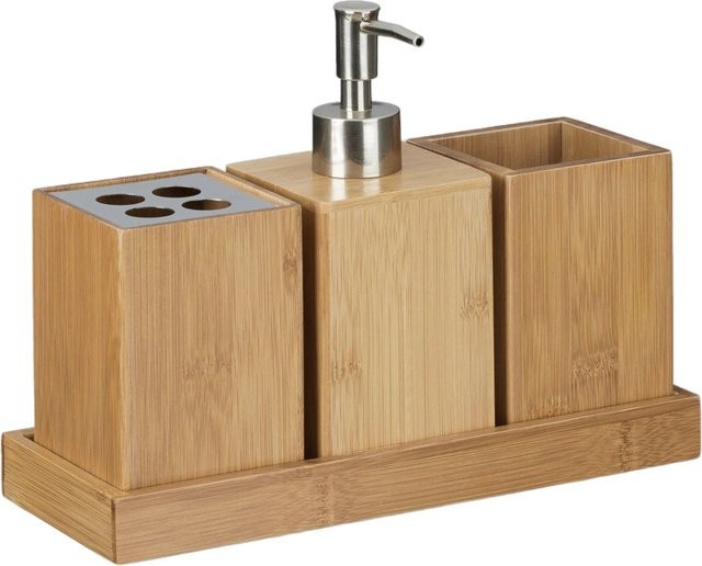Relaxdays Bad Accessoires Set aus Bambus in Natur, mehrteilig mit Seifenspender, Zahnbürstenhalter, Becher und Schale, B/T/H: 25 x 18,5 x 10,5 cm - Bild 1