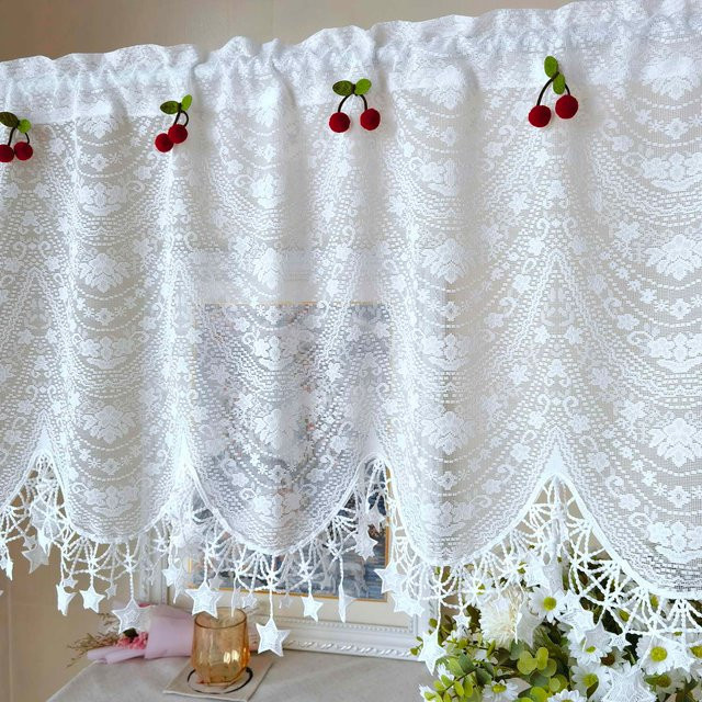 Weiße Spitzenvorhänge mit Kirschblüten-Design und Blumenmuster für Küche und Wohnzimmer - Bild 1