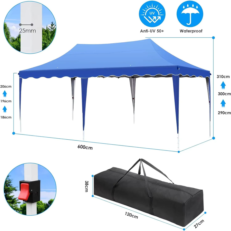 Homfa Partyzelt Pavillon mit 4 Seitenteilen und 6 Sandsäcken, B/T/H: 600 x 300 x 186 cm, wasserdicht, UV50+, höhenverstellbar, weiß/blau - Bild 2