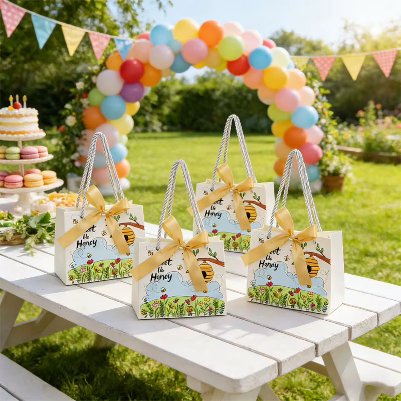 Bienen-Design Party-Geschenkbox aus Papier mit Griff und Band in Weiß und Mehrfarbig für Süßigkeiten und Gastgeschenke - Bild 4