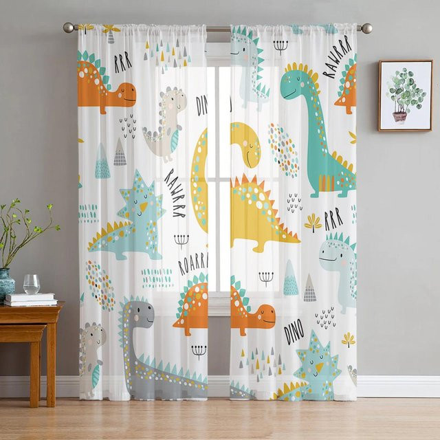 Yiran Furniture Transparenter Tüllvorhang mit Dinosaurier- und Pflanzenmotiv in Grün, Breite: 135 cm, Höhe: 115 cm - Bild 1