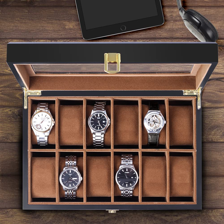 Baskiss Luxuriöse Uhrenvitrine aus Holz für 12 Uhren in Braun mit transparentem Deckel - Bild 4