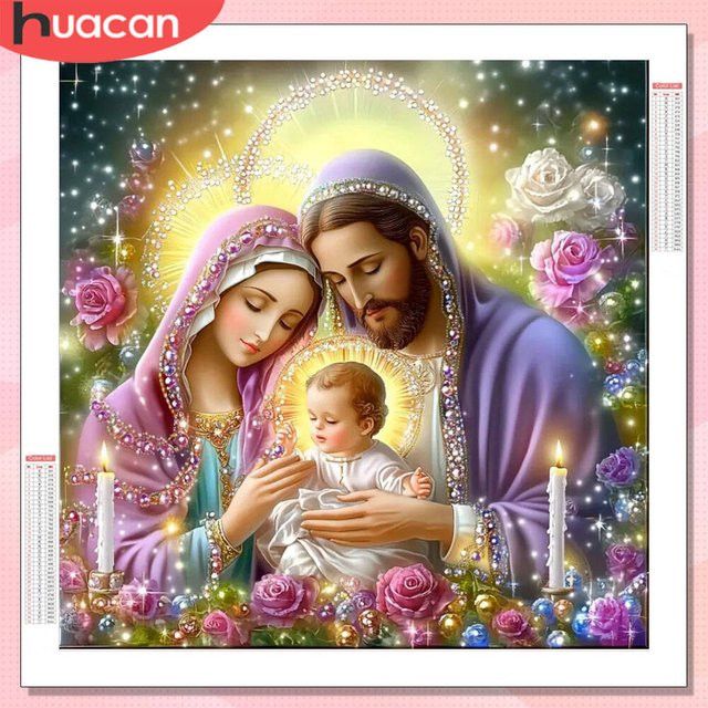 HUACAN Diamantmalerei Jesus und Jungfrau Maria als religiöses Mosaik-Porträt zur Wandmontage, Full Round, 20 x 20 cm - Bild 1