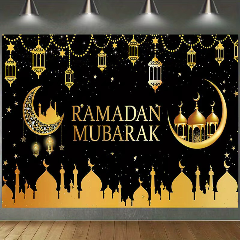 VIKAMA Ramadan Wandteppich in Schwarz-Gold mit Sternen und Mond als orientalische Dekoration für dein Wohnzimmer oder Sofa - Bild 3