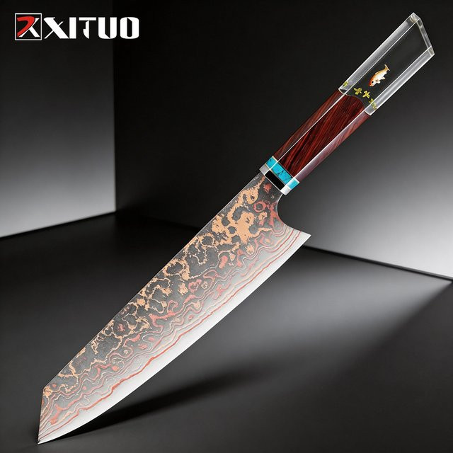 Xituo Kiritsuke Kochmesser aus mehrfarbigem Kupfer-Damaststahl mit Holzgriff, Länge: 20,3 cm - Bild 1