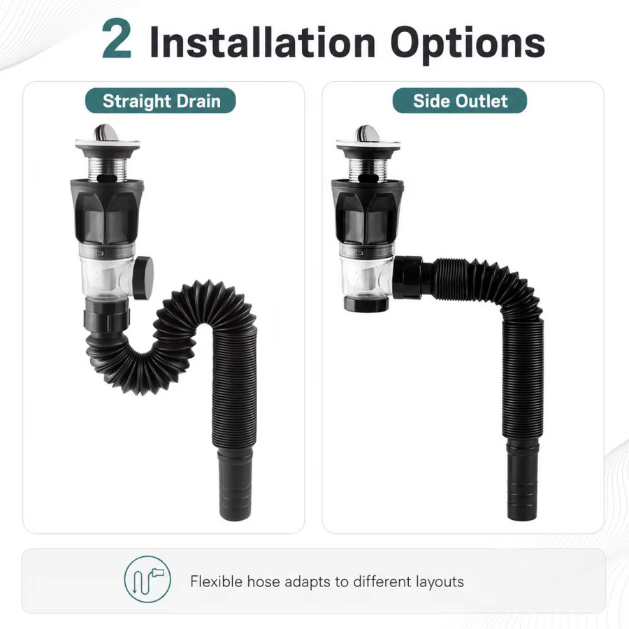 VILOYI Badezimmer Waschbecken Abflussset mit Pop-Up Abflussventil und flexiblem Schlauch in Schwarz aus ABS und Edelstahl - Bild 2