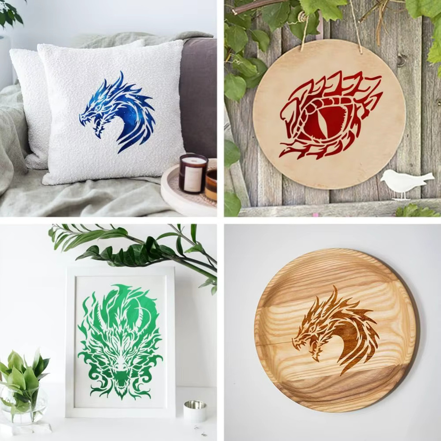 3 Stück Drachen-Schablonen Set mit Pinsel für orientalische Drachen-Augen Motive, wiederverwendbare Kunststoff-Vorlagen, B/H: 29,7 x 21,1 cm und 19,8 x 19,8 cm - Bild 3