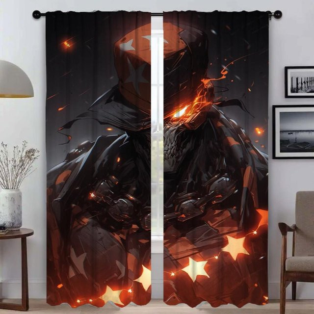 2er-Set Skelett-Soldat Küchenvorhänge für Halloween, halbtransparent, Schwarz, B: 50 cm, H: 70 cm - Bild 1