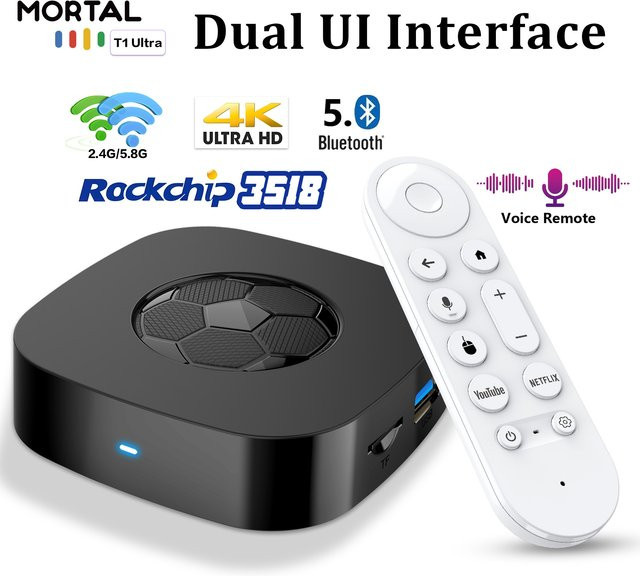 MORTAL T1 Ultra Android 16 TV-Box mit 2GB RAM und 16GB Speicher, 4K UHD Media Streamer in Schwarz mit WiFi6 und Bluetooth 5.4 sowie Sprachfernbedienung - Bild 1