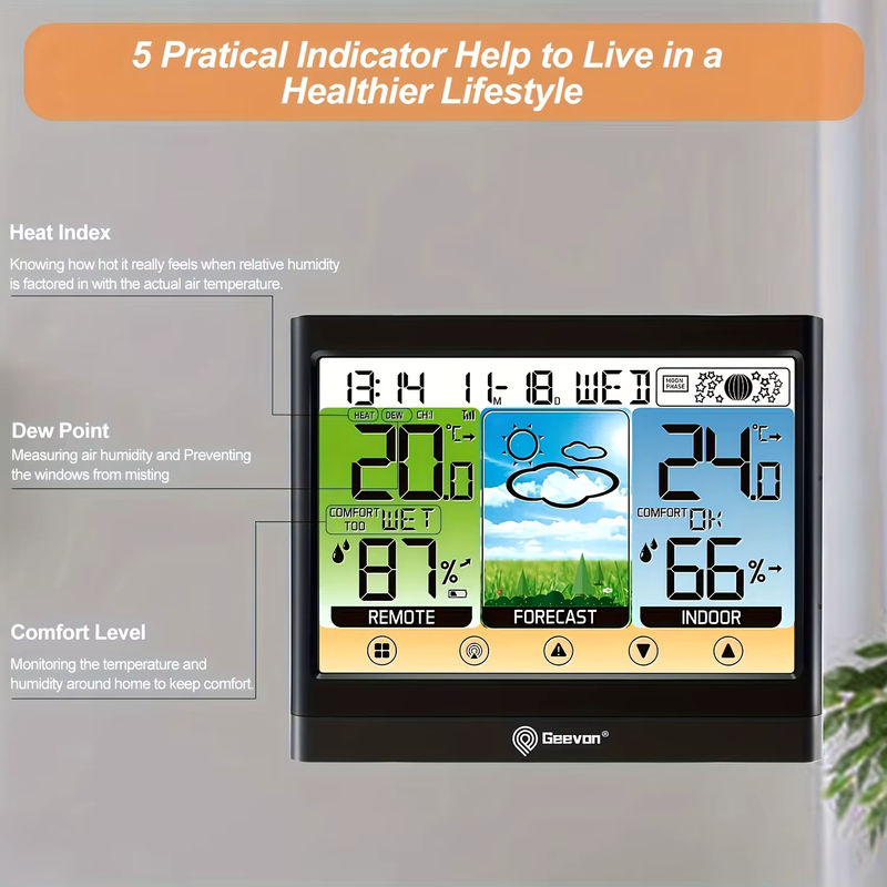 Geevon Wetterstation in Schwarz: Kabelloses Innen- und Außenthermometer mit Hygrometer, Touch-LCD-Display und Wecker - Bild 5