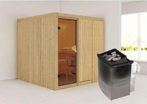 Karibu Sauna Valga aus Fichtenholz mit 9 kW Saunaofen und integrierter Steuerung für 4 Personen, beige, B/T/H: 196 x 198 x 196 cm - Bild 1