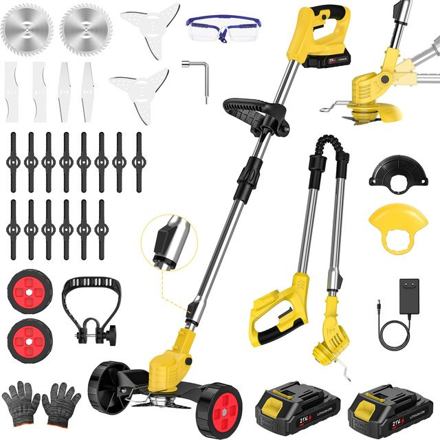 Betuyoo 21V Kabelloser Rasentrimmer mit Rädern, 3-in-1 Freischneider und Rasenkantenschneider, 1800W 7800RPM Akku-Unkrautschneider mit Teleskopgriff und 2 Akkus, Gelb - Bild 1