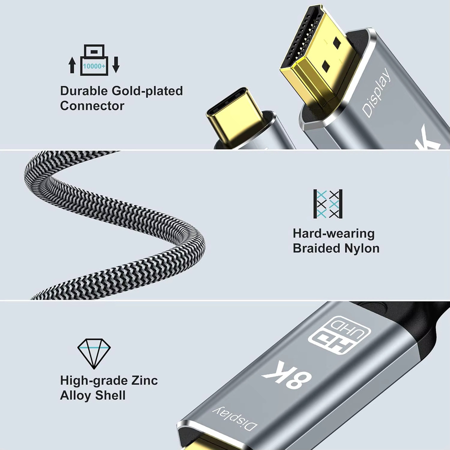 MIZIQIER USB-C auf HDMI Kabel für 8K 60Hz und 4K 120Hz, kompatibel mit Thunderbolt 3 und 4, für iPhone 15, MacBook und Huawei Mate30 - Bild 4