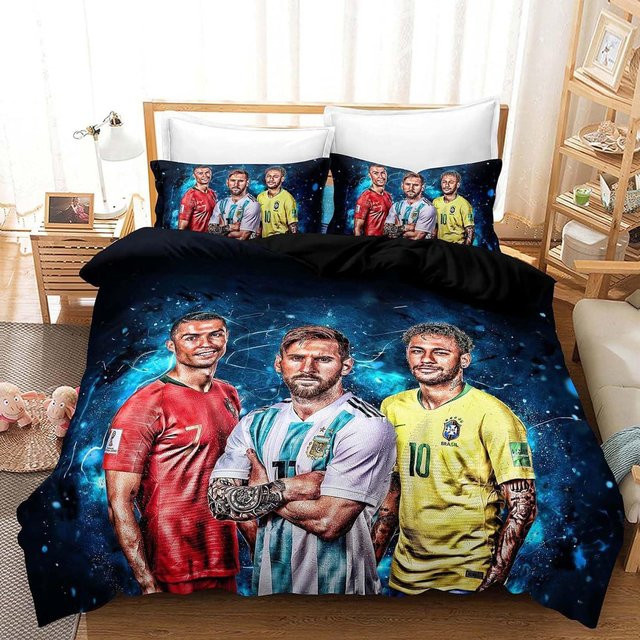 Flylo Bettwäsche-Set mit Fußball-Sternenmuster in Blau, bestehend aus 1 Bettbezug und 2 Kissenbezügen, B/H: 200 x 200 cm - Bild 1