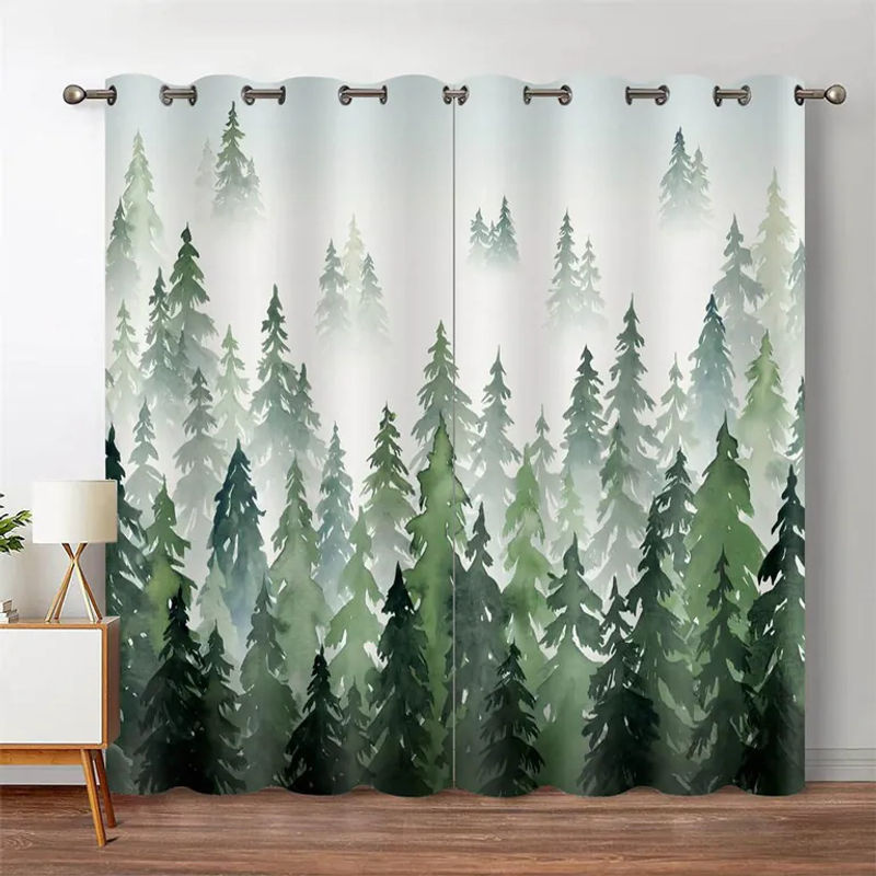 A Family Of Home Textiles Fenstervorhang mit grünem Wald und Aquarell-Baum-Silhouette, semi-transparent, Farbe: Grün und Blau, B: 135 cm, H: 245 cm - Bild 2