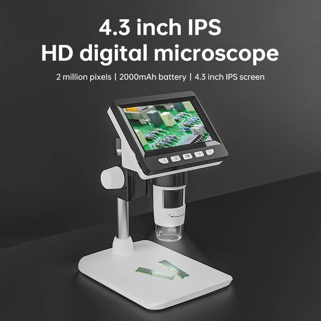 INSKAM Digitalmikroskop mit 4,3 Zoll Display, 1080P Auflösung, 50-1000x Vergrößerung und 2000mAh Akku in Weiß für Elektronikreparatur und PCB-Arbeiten - Bild 1