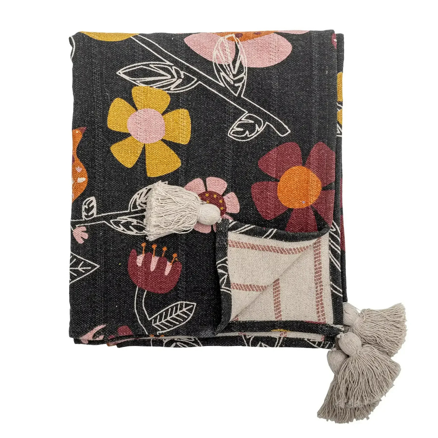 Bloomingville Decke Vivielle aus recycelter Baumwolle mit floralem Muster und Webstruktur, Multicolour (Beige, Black), B: 130 cm, B: 160 cm - Bild 1
