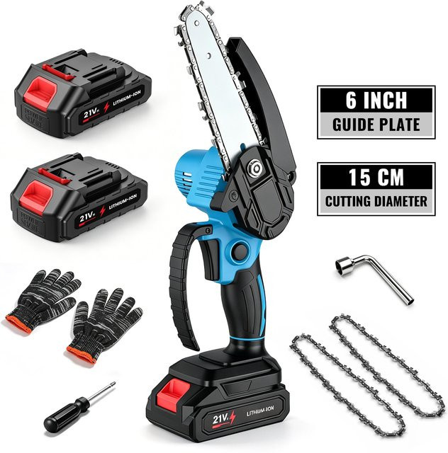 Bromose Mini-Kettensäge 6 Zoll in Blau mit 2 x 21V Akku und automatischer Ölschmierung - Bild 1