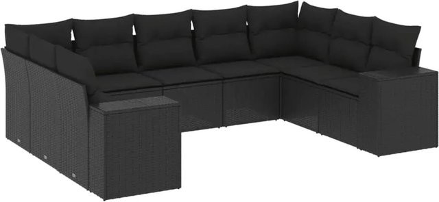 vidaXL 9-teilige Garten-Sofagarnitur in L-Form aus Poly-Rattan mit Kissen und Stauraum in Schwarz - Bild 1