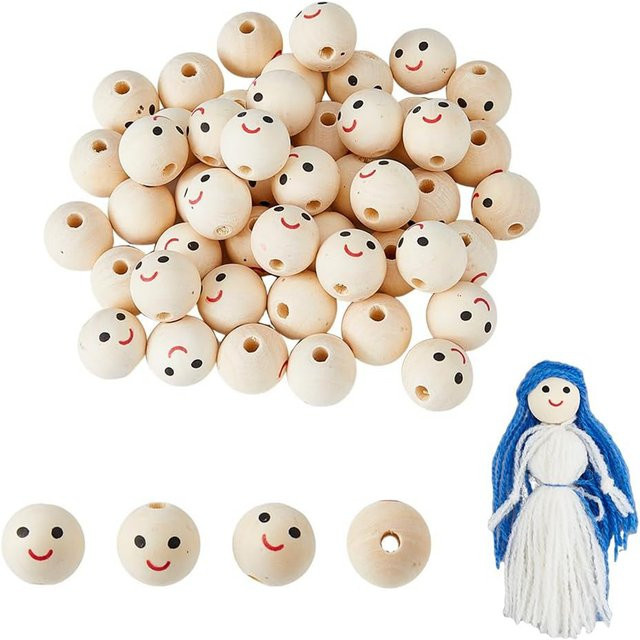 50 Stück natürliche Holzperlen mit lächelndem Gesicht in Beige für deine DIY-Projekte wie Schlüsselanhänger und Ornamente - Bild 1