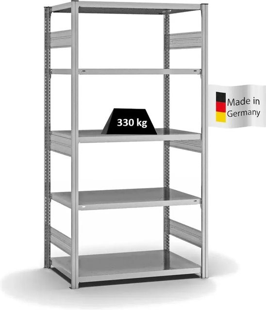 PROREGAL Fachbodenregal Stecksystem T-Profil Heavy-Duty Grundregal, Farbe: Silber, H x B x T: 200 x 100 x 60 cm, 5 Ebenen, Fachlast 330 kg, beidseitig nutzbar, verzinkt - Bild 1