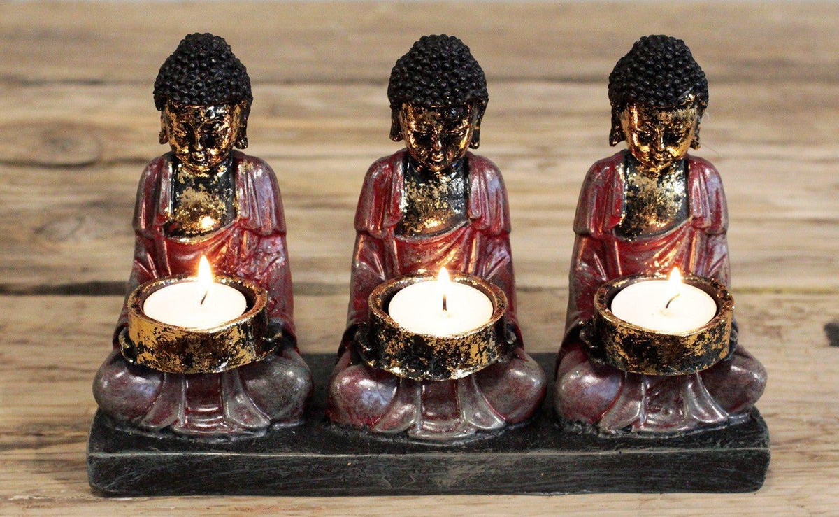 SHAMTAM Buddha Kerzenhalter Antik für Teelicht in Gold, Schwarz und Rot - Bild 3