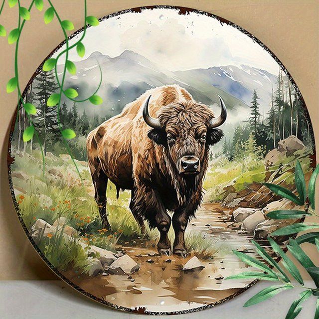 Rustikales Bison Aluminium-Metallschild von Potdemiel, rund, Durchmesser: 20,32 cm - Bild 1