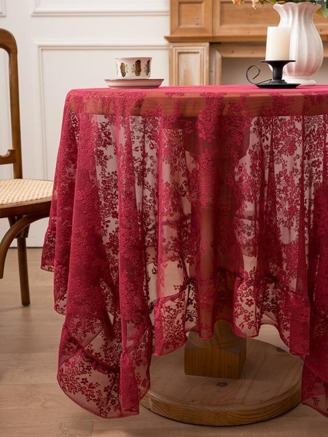 Beau Maison Runde Tischdecke mit floraler Spitze in Weinrot, B/T: 140 x 260 cm - Bild 1
