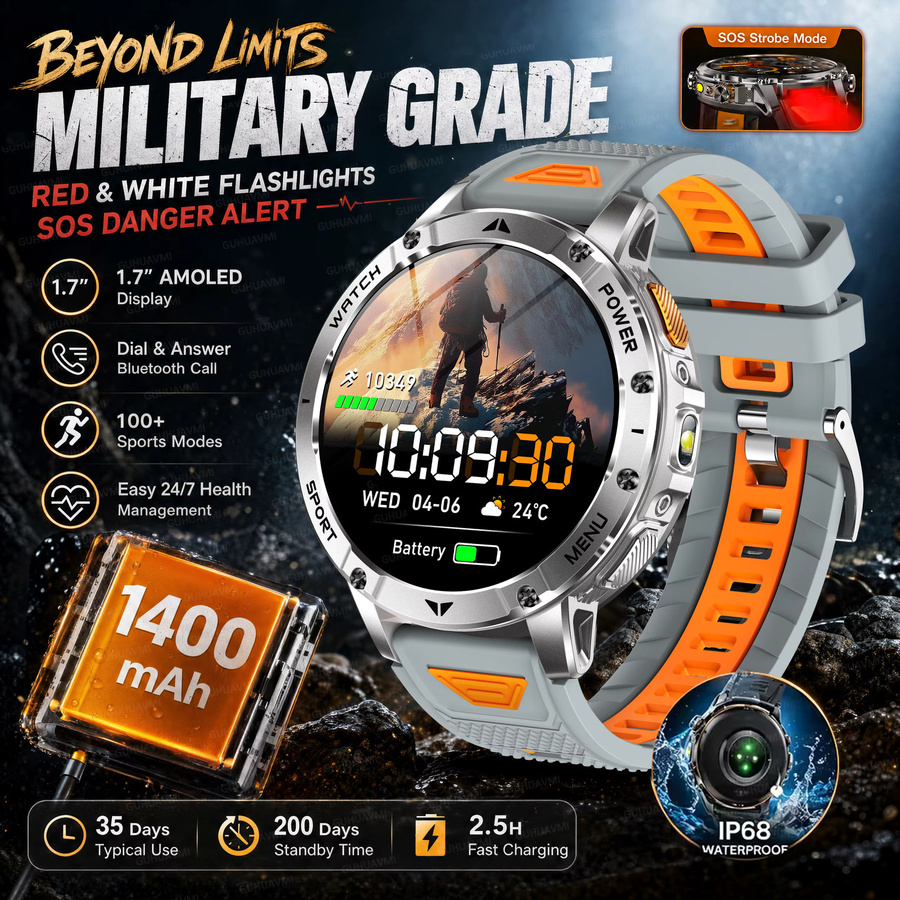GUHUAVMI TANK Ultra Outdoor Smartwatch in Grau und Orange mit 1400 mAh Akku, wasserdichte taktische Militär-Armbanduhr für Herren mit LED-Taschenlampe - Bild 7