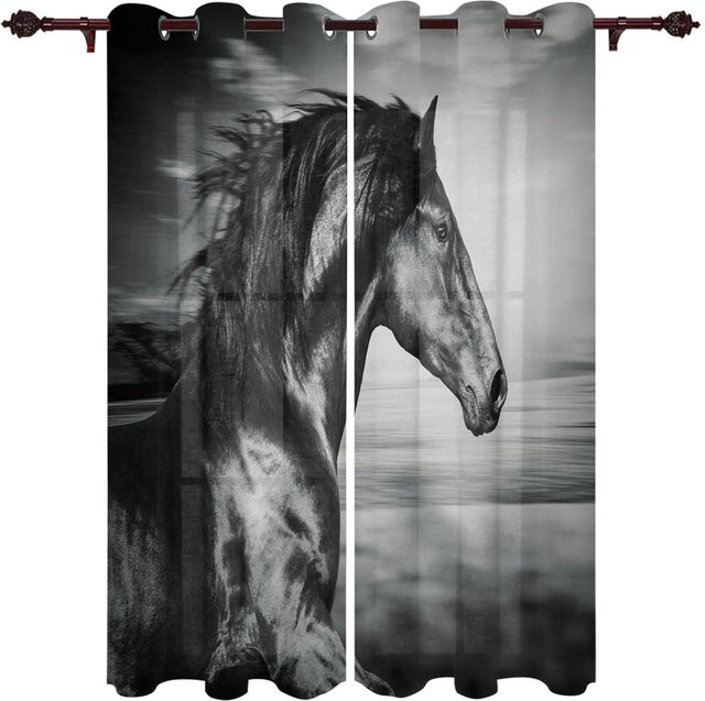 Moderne Vorhänge mit Pferdemotiv von Super Six in Schwarzweiß, halbtransparentes Polyester mit Ösen, Breite: 135 cm, Höhe: 60 cm - Bild 1