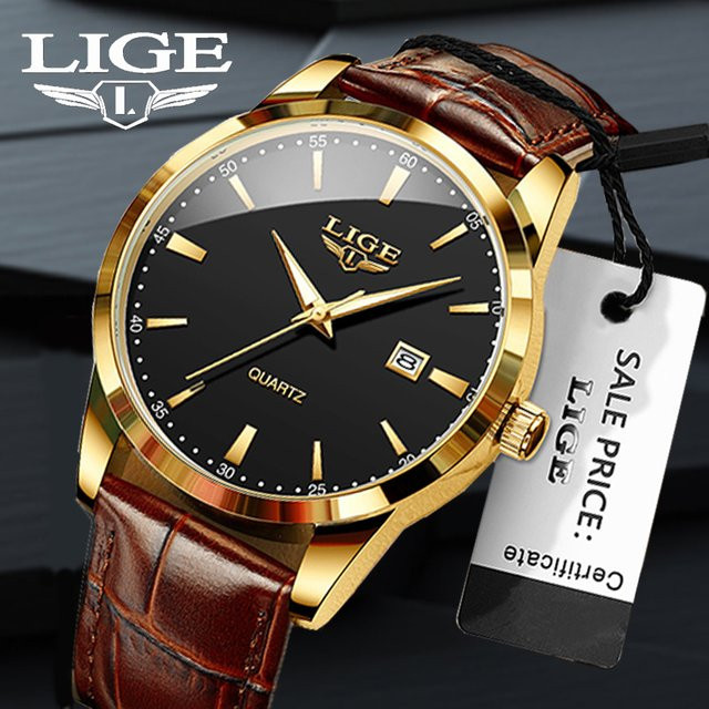 LIGE Armbanduhr, Analoguhr, Gold, Bicolor, Leder, Schwarz, Herren - Bild 1