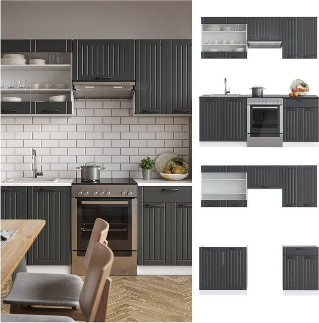 Vicco Fame-Line Küchenzeile im Landhausstil Anthrazit und Weiß, Breite: 200 cm - Bild 1