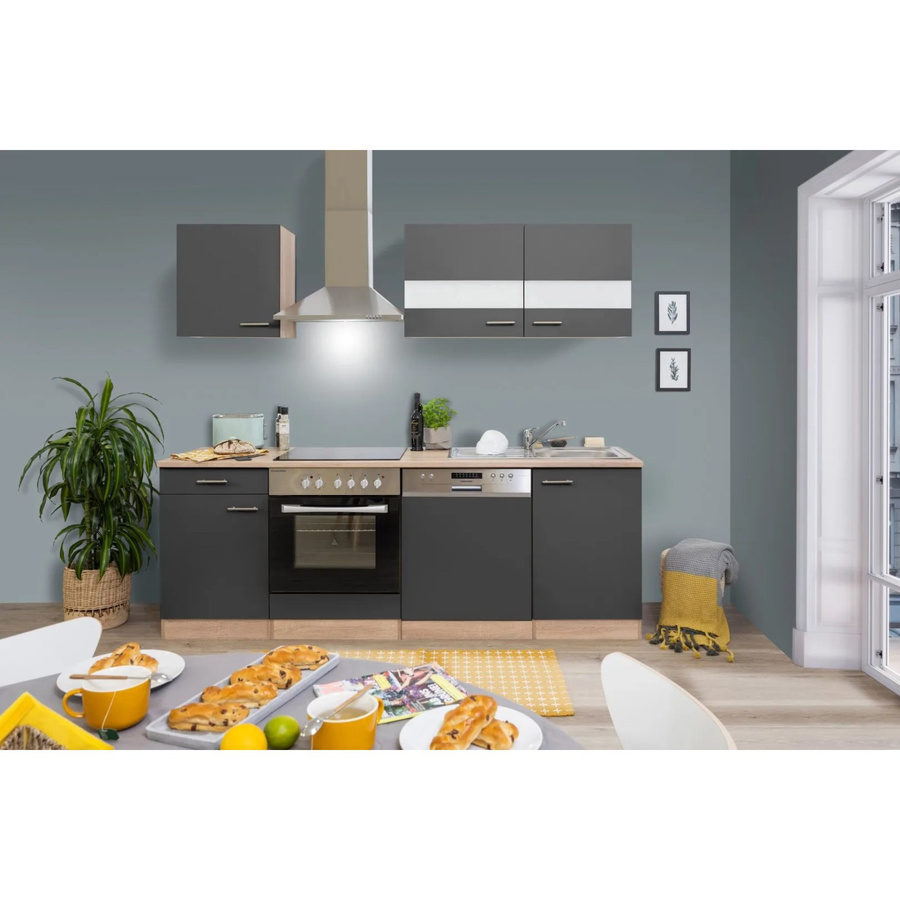 Respekta Küchenzeile KB220ESGC in Grau-Eiche Sägerau Nachbildung Glänzend mit Glastüren und Soft-Close-Funktion, Breite: 220 cm, Tiefe: 60 cm - Bild 2