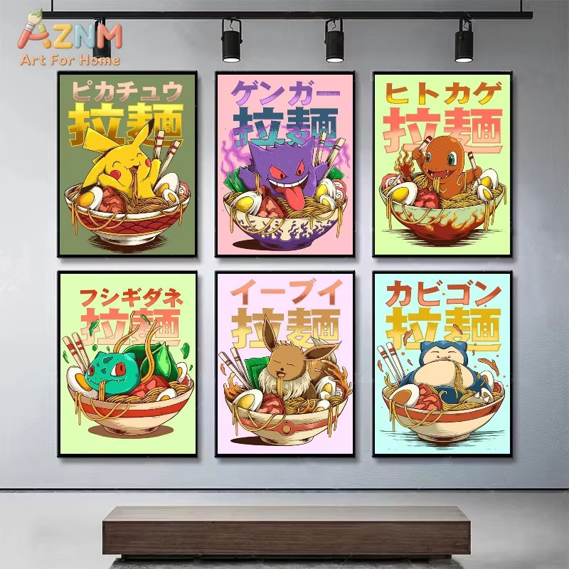 AZNM Pokemon Ramen Leinwand-Wanddruck mit Gengar, Pikachu und Charmander in Retro-Anime-Stil, mehrfarbig, ungerahmt - Bild 2