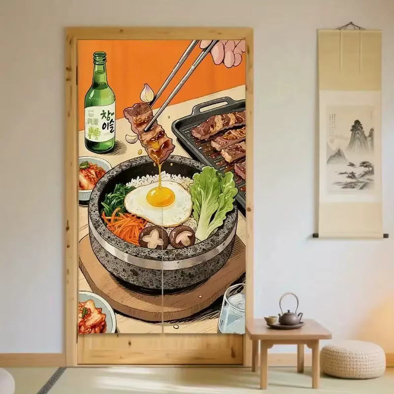 VIKAMA Lichtblockierender Türvorhang mit handgezeichnetem Koreanischem Bibimbap Motiv als Raumteiler für Restaurant und Küche, Mehrfarbig - Bild 2