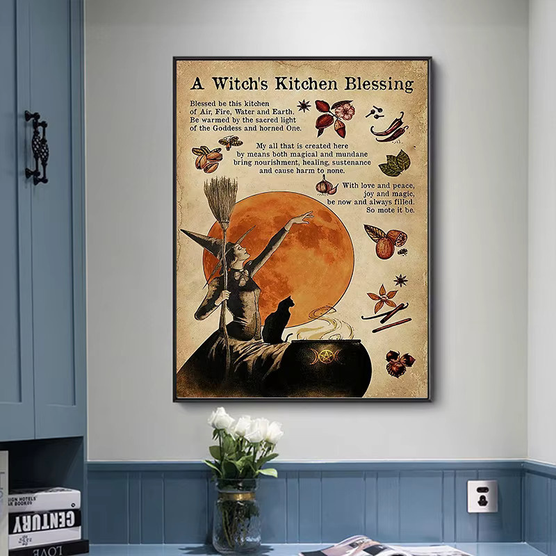 Potdemiel Vintage Halloween Hexe und Katze Leinwand Wandkunst Mehrfarbig - Bild 3
