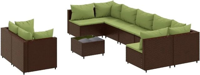 vidaXL 10-tlg. Garten-Sofagarnitur in L-Form aus braunem Poly-Rattan mit Kissen und Couchtisch - Bild 1