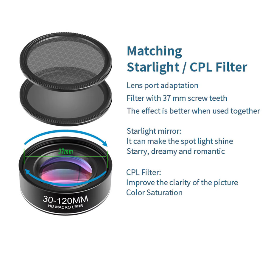 OBKEY Handy-Makroobjektiv Set mit Sternenlichtfilter und CPL-Filter 37 mm in Schwarz für iPhone, Samsung, Pixel und Android-Smartphones sowie iPad - Bild 4