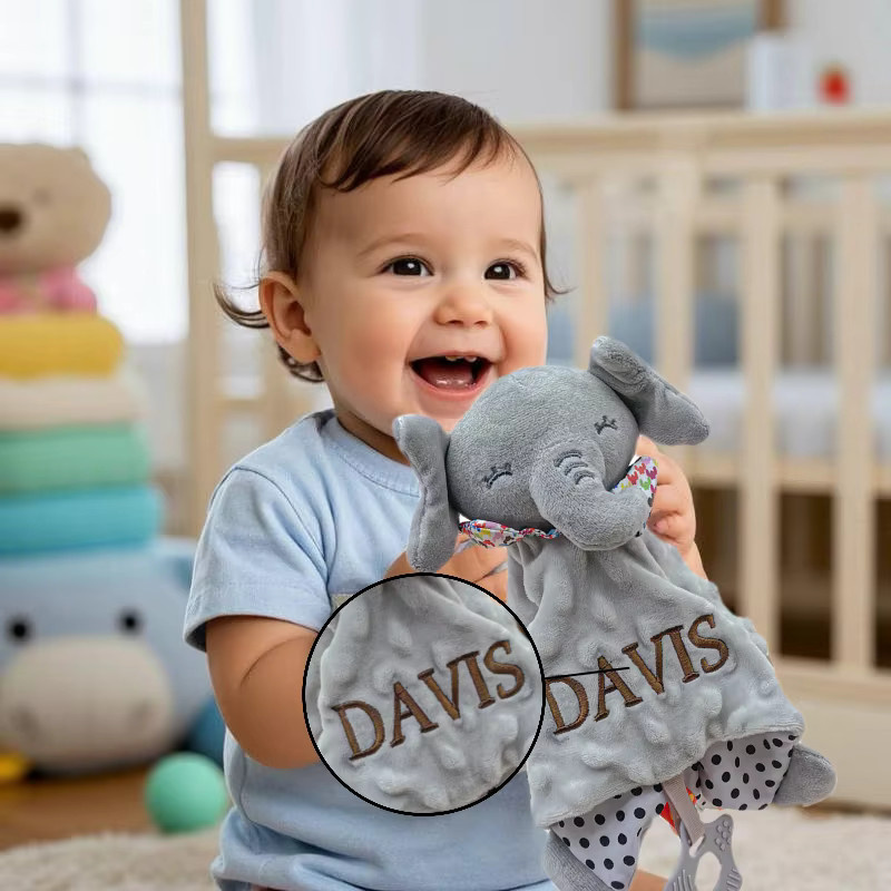 NanBeiCat Personalisierte Baby-Elefant-Sicherheitsdecke aus Bio-Baumwolle mit Silikon-Beißring in Weiss und Grau - Bild 1