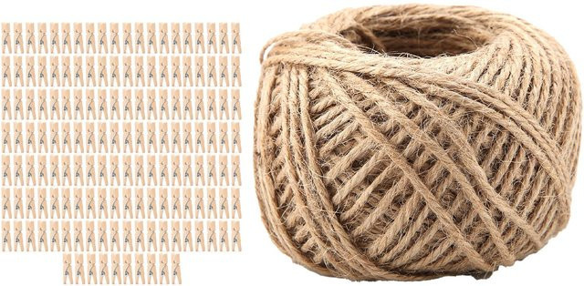Neoglint Set aus 250 natürlichen Holzklammern und 50 Meter Juteband in Beige - Bild 1