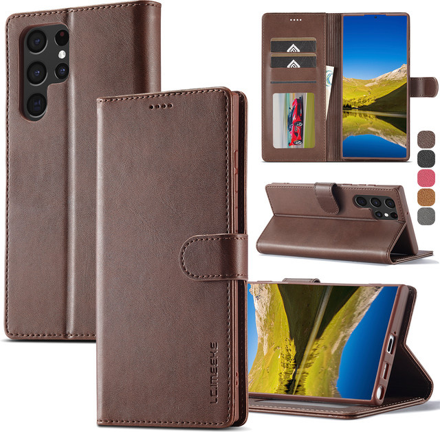 Leder-Wallet-Schutzhülle für Samsung Galaxy S25 S24 S23 S22 Ultra S21 S20 FE S10 S9 Plus Note20 10 Plus Business Flip Card Cover in Schwarz oder Braun - Bild 1