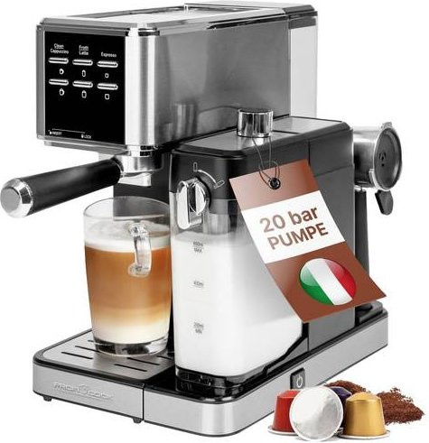 Proficook Espressomaschine PC-ES-KA 1266 in Silber aus Edelstahl mit automatischem Milchaufschäumer für gemahlenen Kaffee und Kapseln - Bild 1