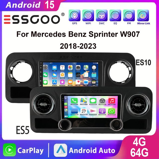 ESSGOO Android 15 Autoradio mit 10 Zoll IPS Touchscreen für Mercedes Benz Sprinter W907 2018-2023, Schwarz, Apple CarPlay, Android Auto, GPS, WiFi, Bluetooth, USB und Lenkradfernbedienung - Bild 1