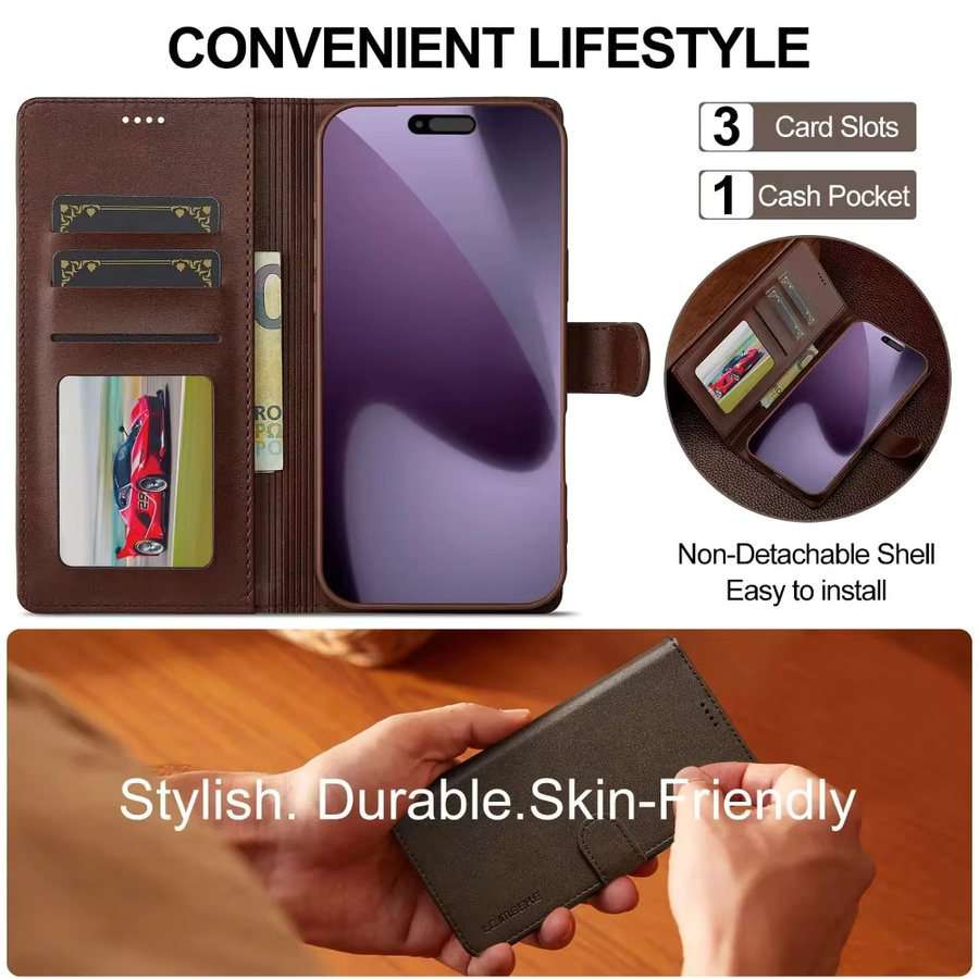 Aierkeba Leder-Handyhülle mit magnetischem Klappkartenhalter und Brieftaschen-Abdeckung für iPhone, Farbe: Braun - Bild 2