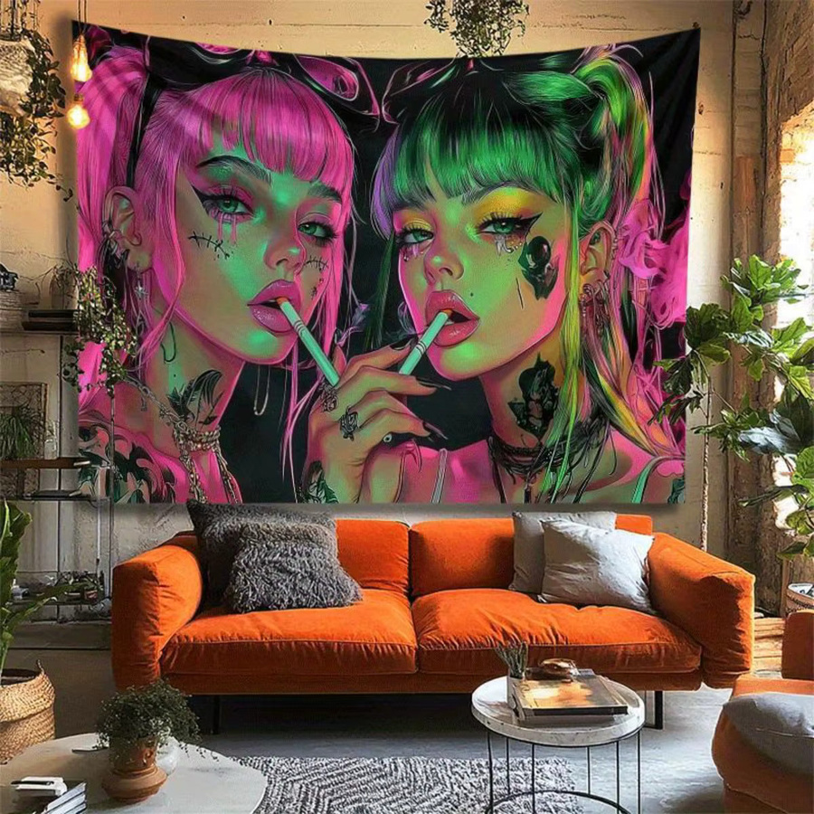 VIKAMA Cyberpunk Neon Wandteppich mit Dual Female Protagonists in Multicolour als moderne Wandkunst für dein Wohnzimmer oder Sofa - Bild 2