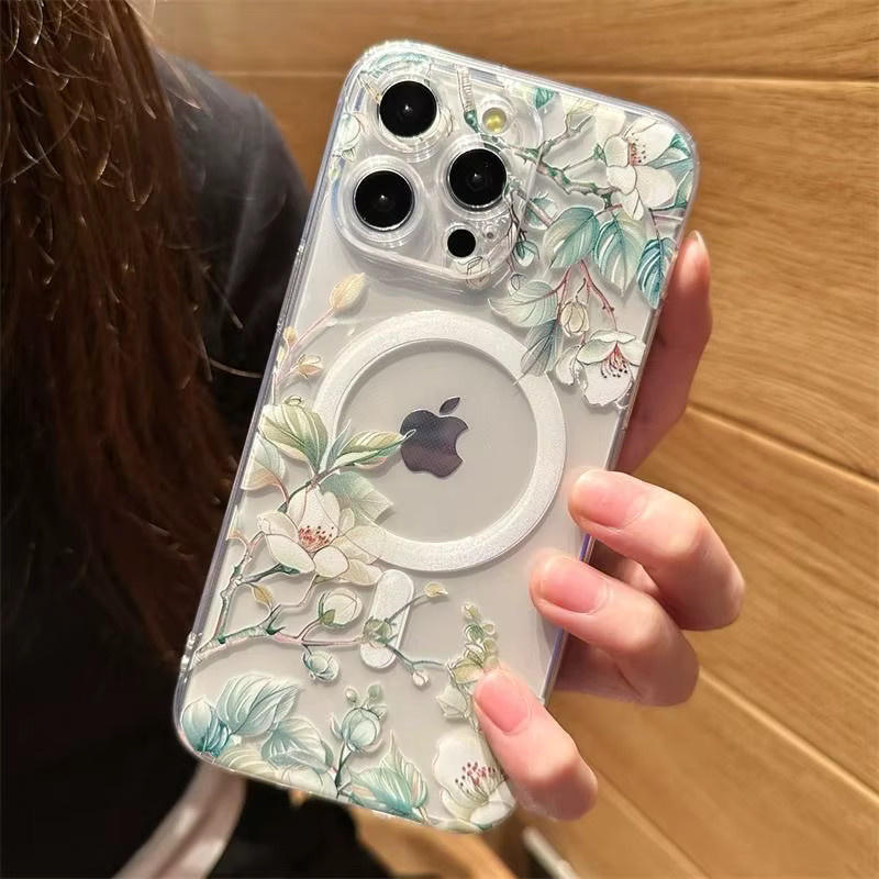 MagSafe magnetische Handyhülle mit Blumenmuster für iPhone 11 bis 16 Pro Max, Transparent, Soft TPU Cover - Bild 4