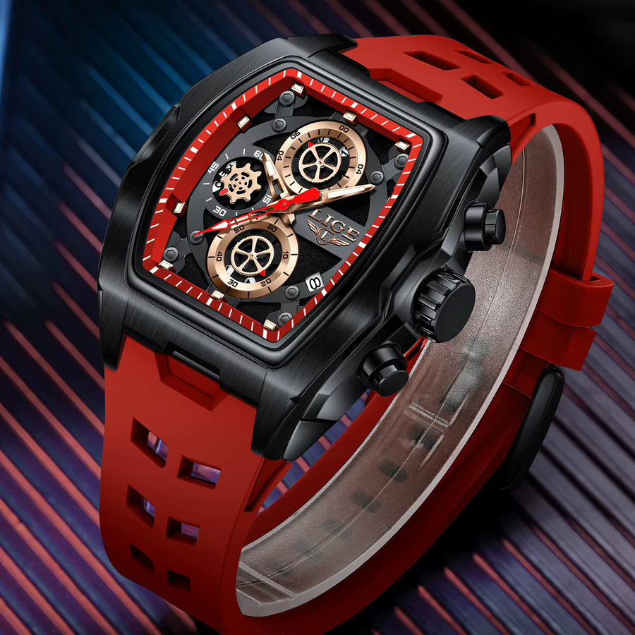 LIGE Armbanduhr, Quarz, Rechteckiges Zifferblatt, Leder, Schwarz, Herren - Bild 1