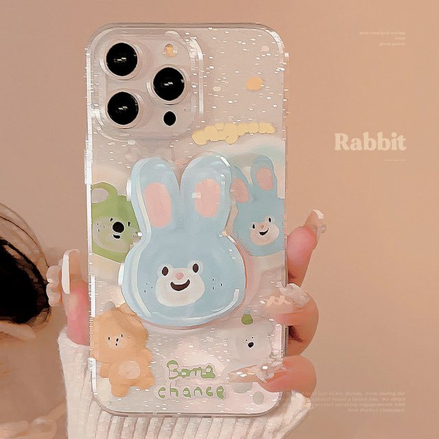 MUQGEW Handyhülle mit glitzernden koreanischen Cartoon-Tieren und blauer Hase-Halterung für iPhone 17 16 15 14 13 12 11 Pro Max, stoßfestes Softcover, Blau/Mehrfarbig - Bild 1