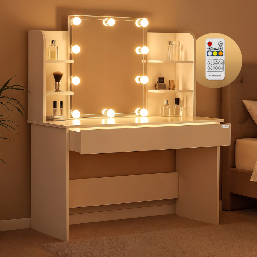 Schminktisch CASARIA Lucia in Weiß mit LED-Spiegel und Rollhocker, B/T/H: 140 x 40 x 110 cm - Bild 2