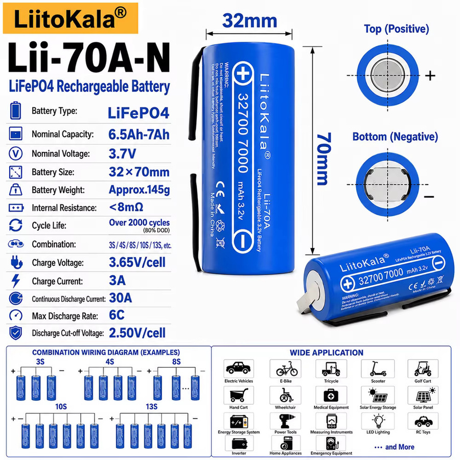 LiitoKala 32700 Lithium-Eisenphosphat-Akku Lii-70A, 3,2V, 7000mAh, Blau - Bild 3